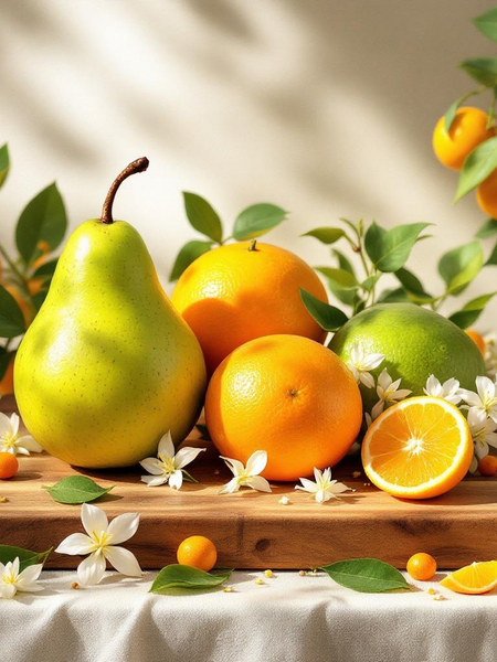 Perfume inspired by Prada Paradoxe citrus pear still life with oranges lime pear and white blossoms on wooden board
