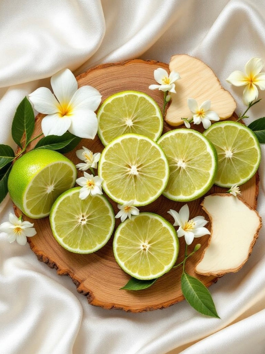 Phlur Missing Person inspired body spray ingredients featuring fresh bergamot slices, white flowers, and creamy wood on satin