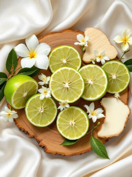 Phlur Missing Person inspired body spray ingredients featuring fresh bergamot slices, white flowers, and creamy wood on satin