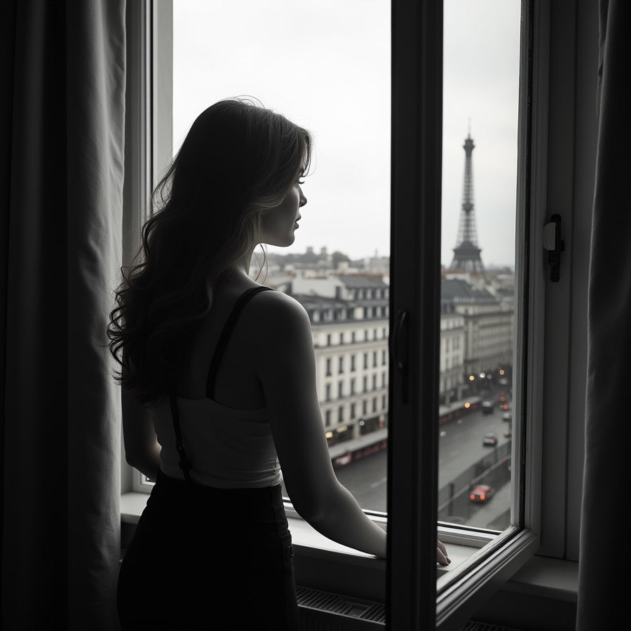 Silhouette of a woman looking out window at Paris cityscape with Eiffel Tower in background Phlur Missing Person inspired foaming hand soap