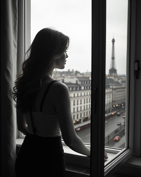 Silhouette of a woman looking out window at Paris cityscape with Eiffel Tower in background Phlur Missing Person inspired foaming hand soap