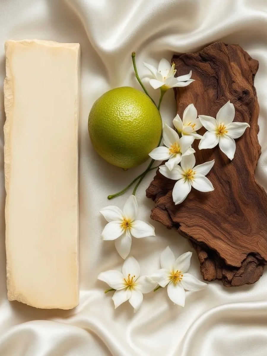 Phlur Missing Person inspired foaming hand soap bar with bergamot, jasmine flowers, and wood on satin fabric