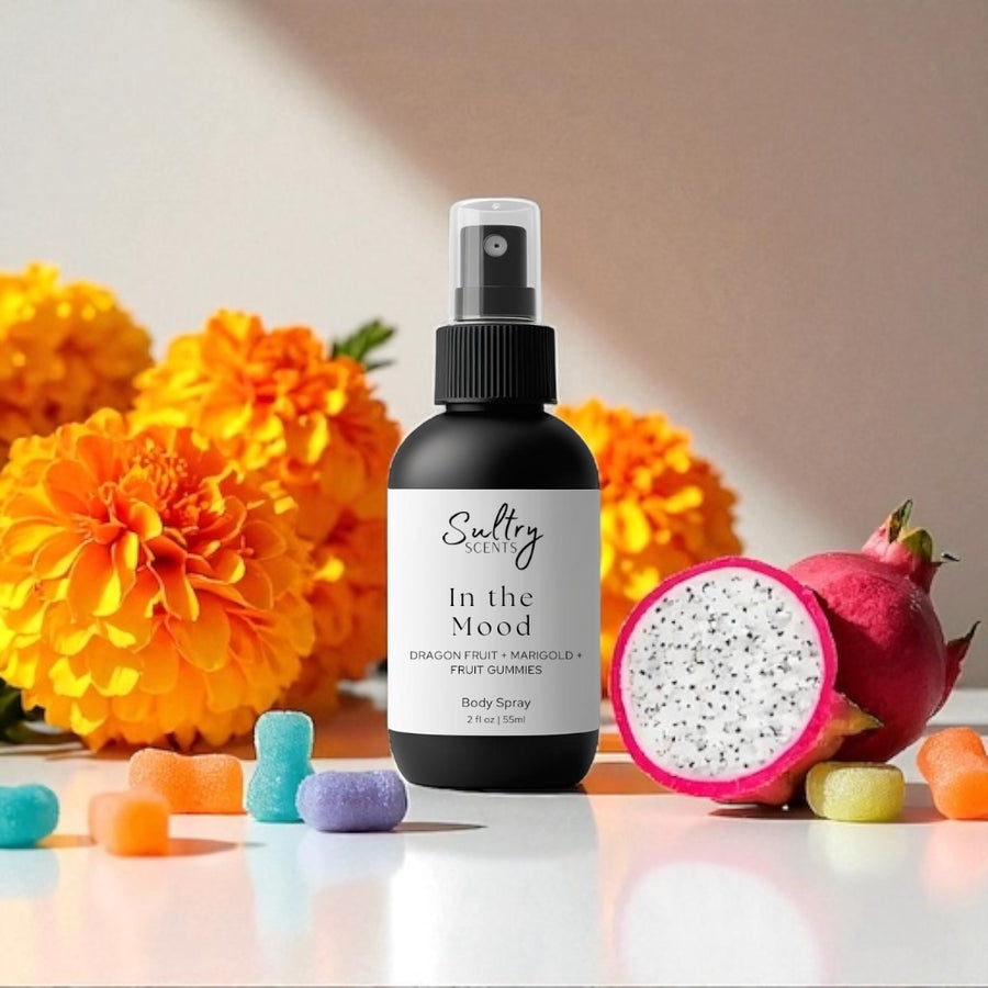 Sultry Scents Phlur Mood Ring dupe Body spray bottle with dragon fruit and colorful gummies