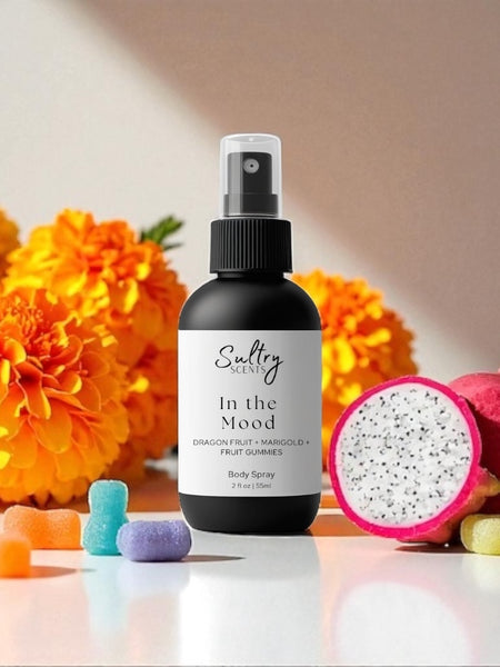 Sultry Scents Phlur Mood Ring dupe Body spray bottle with dragon fruit and colorful gummies