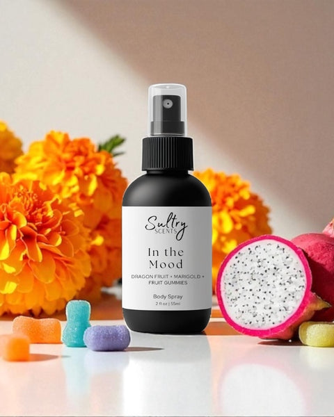 Sultry Scents Phlur Mood Ring dupe Body spray bottle with dragon fruit and colorful gummies