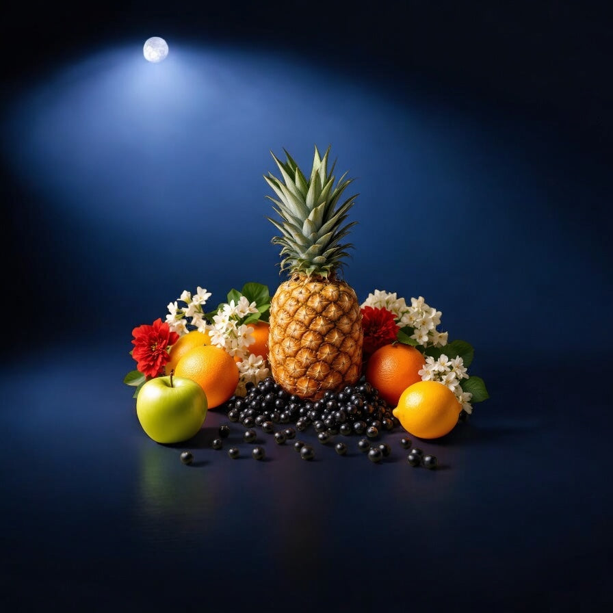 Fruits and flowers under moonlight symbolizing Sultry Scents Phlur Moonstone dupe fragrance notes