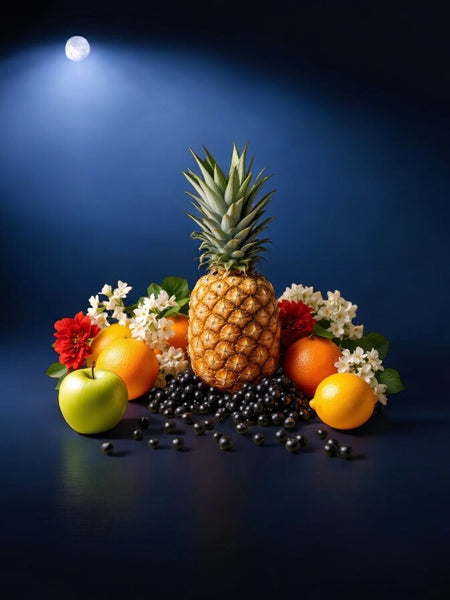 Fruits and flowers under moonlight symbolizing Sultry Scents Phlur Moonstone dupe fragrance notes