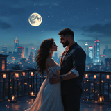Romantic couple embracing on balcony under full moon at night cityscape Sultry Scents Phlur Moonstone dupe