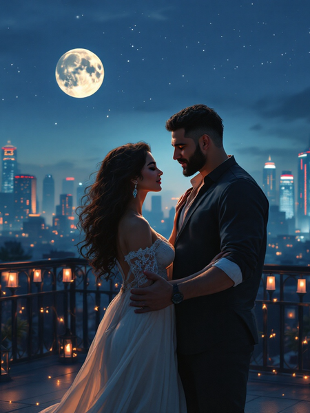 Romantic couple embracing on balcony under full moon at night cityscape Sultry Scents Phlur Moonstone dupe