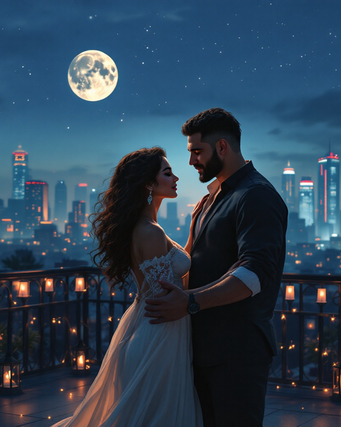 Romantic couple embracing on balcony under full moon at night cityscape Sultry Scents Phlur Moonstone dupe