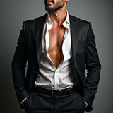 Stylish man wearing open white shirt and black suit representing confident use of Polo Sport dupe body spray
