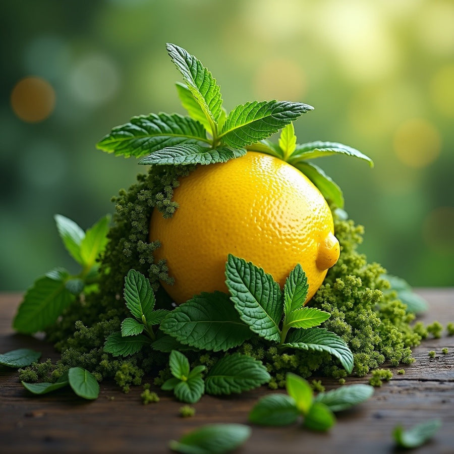 Fresh lemon and green mint leaves representing the citrus and mint notes in Polo Sport dupe roll on fragrance by Sultry Scents