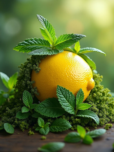 Fresh lemon and green mint leaves representing the citrus and mint notes in Polo Sport dupe roll on fragrance by Sultry Scents