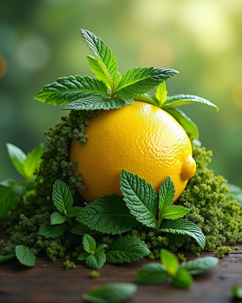 Fresh lemon and green mint leaves representing the citrus and mint notes in Polo Sport dupe roll on fragrance by Sultry Scents