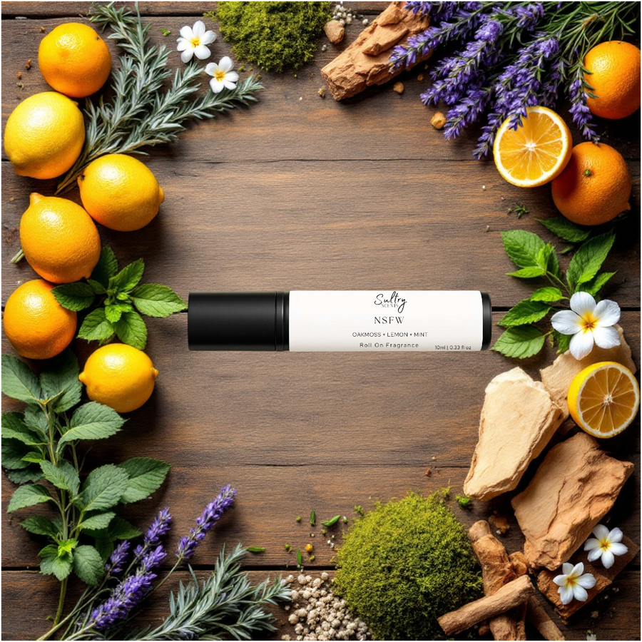 Polo Sport inspired roll on fragrance by Sultry Scents with citrus and mint notes on a wooden background