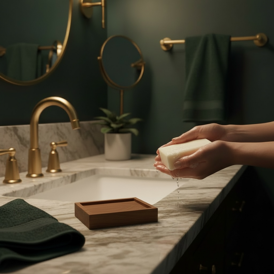 Person using Pure tallow handcrafted soap by Sultry Scents at a stylish bathroom sink