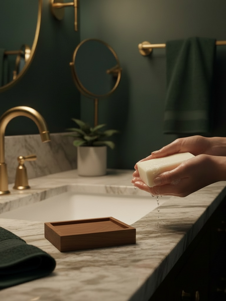 Person using Pure tallow handcrafted soap by Sultry Scents at a stylish bathroom sink