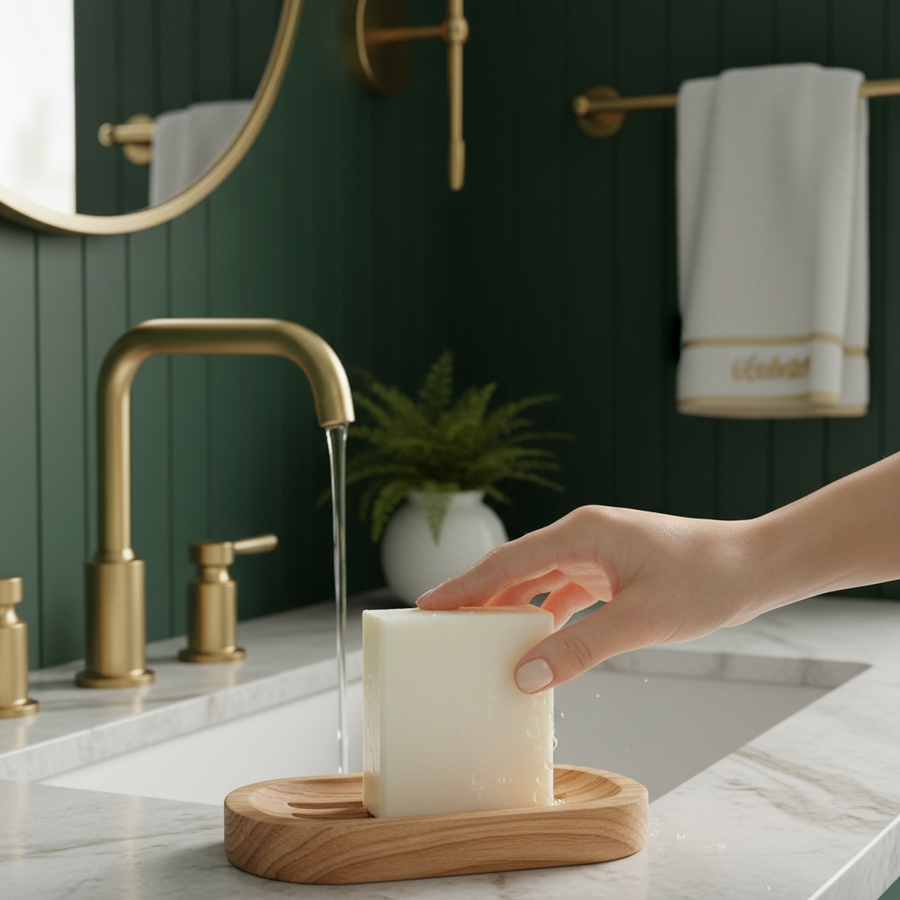 Person using Pure tallow handcrafted soap in a stylish bathroom with modern fixtures and a wooden soap dish
