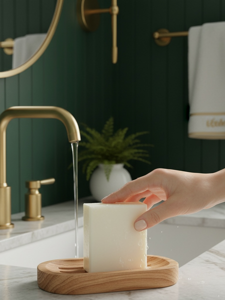 Person using Pure tallow handcrafted soap in a stylish bathroom with modern fixtures and a wooden soap dish
