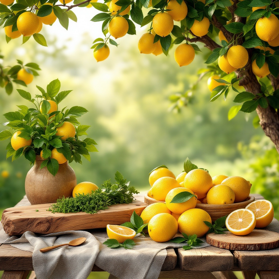 Replica Under the lemon tree inspired foaming hand soap with fresh lemons and lush greenery background