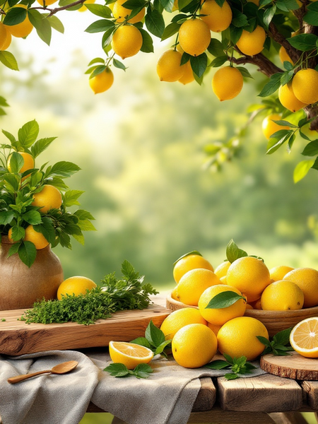 Replica Under the lemon tree inspired foaming hand soap with fresh lemons and lush greenery background