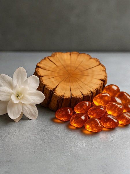 Roll on Perfume inspired by Alien with amber stones, Cashmere Wood, and Arabian Jasmine on gray surface
