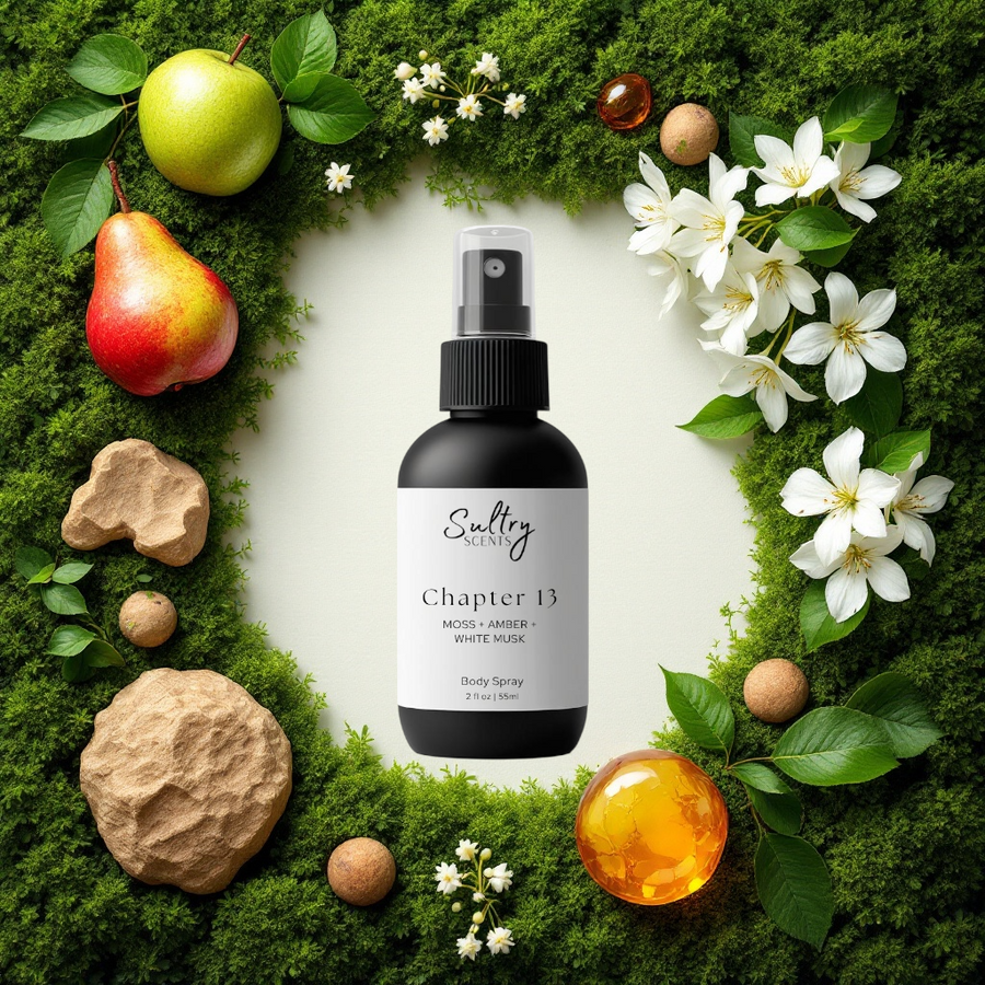 Sultry Scents Chapter 13 Body Spray featuring notes of moss, amber, and white musk, Another 13 dupe body spray