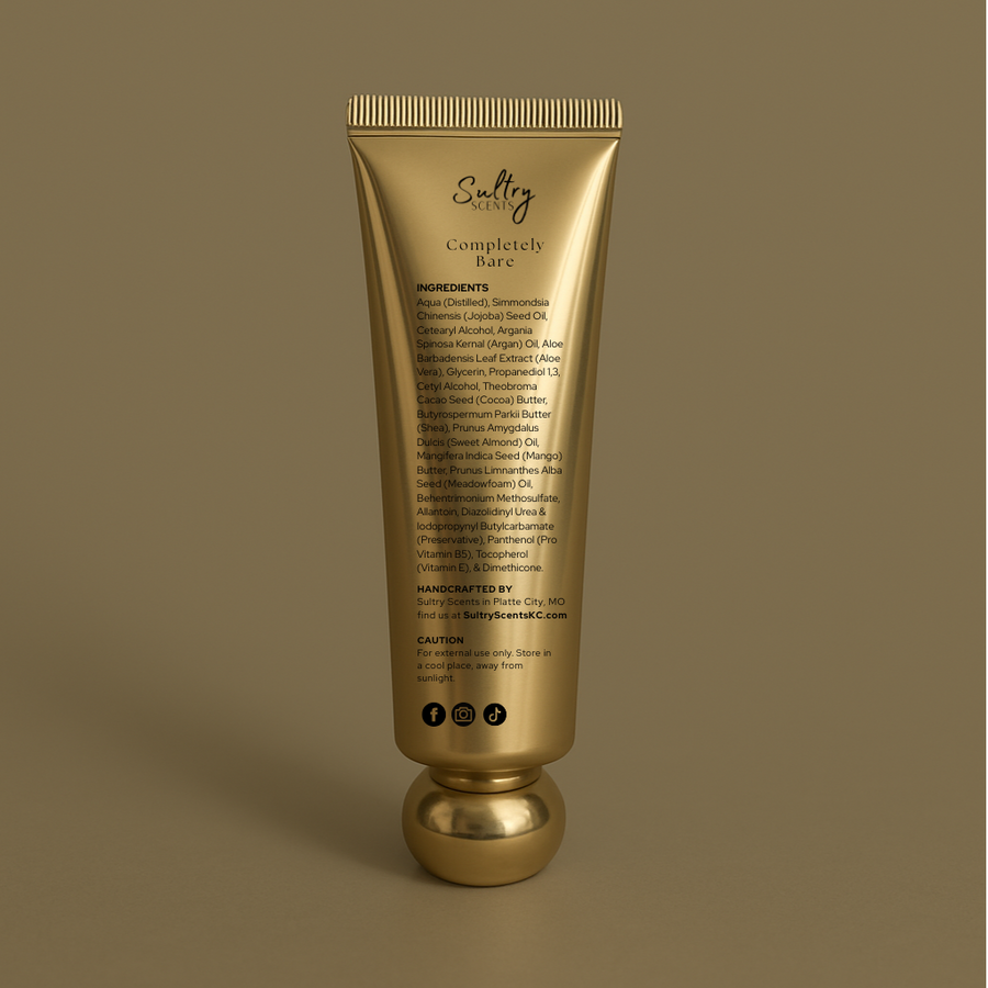 Sultry Scents Completely Bare Ultra Hydrating Unscented Body Cream in a gold tube with detailed ingredients