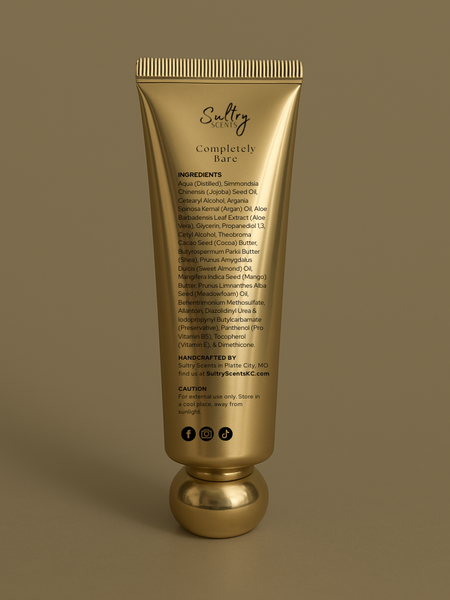 Sultry Scents Completely Bare Ultra Hydrating Unscented Body Cream in a gold tube with detailed ingredients