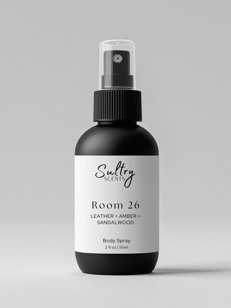 Sultry Scents Santal 26 dupe Body Spray in a sleek black bottle with sandalwood scent