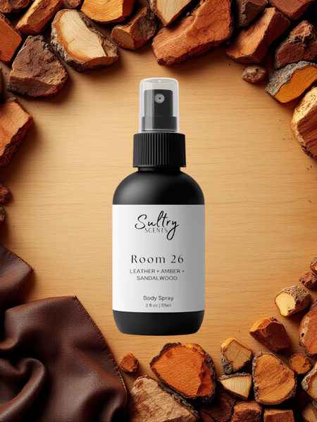 Sultry Scents Santal 26 inspired Body Spray in a sleek black bottle surrounded by wood textures