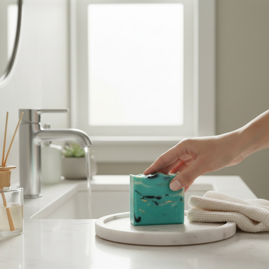 Santal 26 inspired Turquoise Soap Bar placed on a marble tray in a stylish bathroom setting