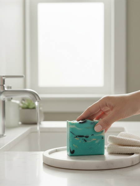 Santal 26 inspired Turquoise Soap Bar placed on a marble tray in a stylish bathroom setting