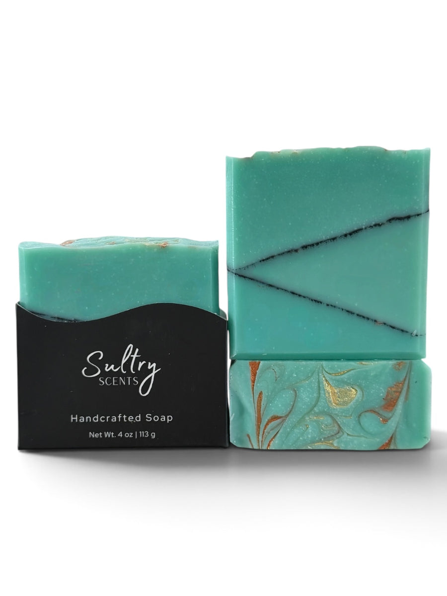 Santal 26 inspired Turquoise Soap Bar with decorative swirls in vibrant turquoise and gold accents