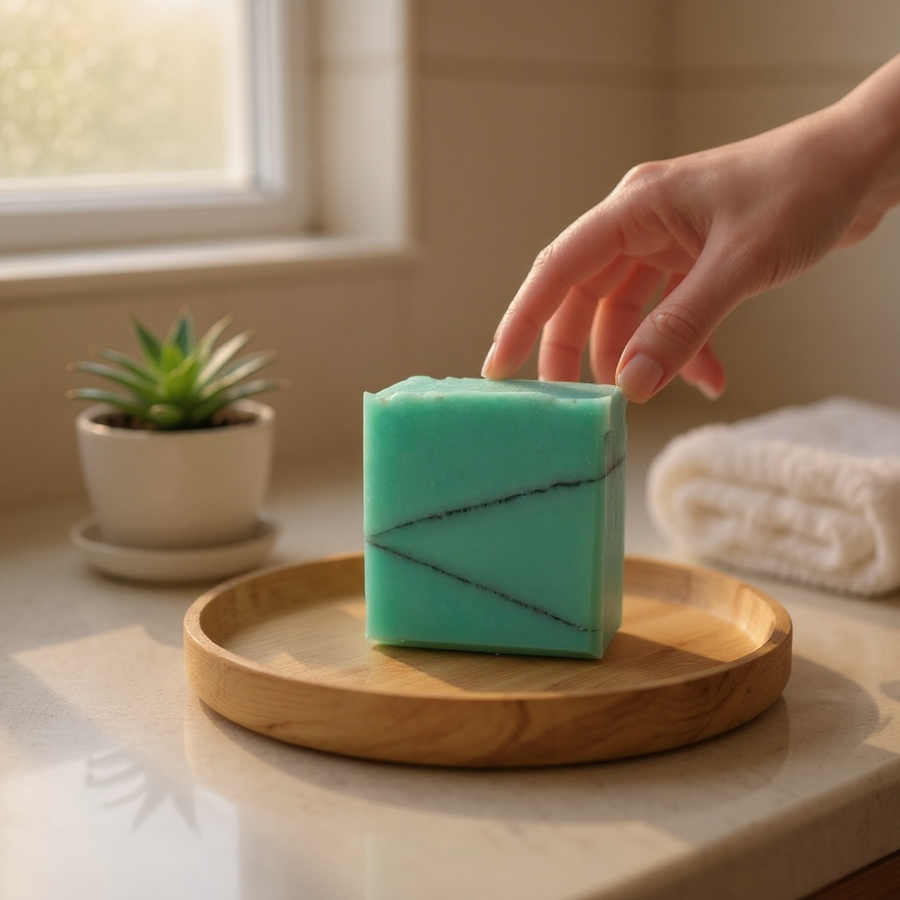Santal 26 inspired Turquoise Soap Bar displayed on a wooden tray near a plant and towels