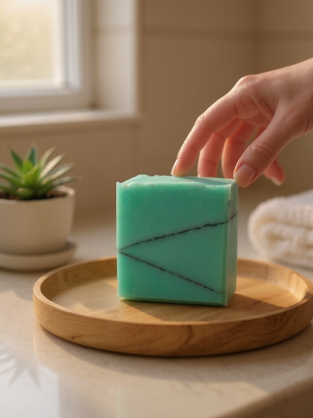 Santal 26 inspired Turquoise Soap Bar displayed on a wooden tray near a plant and towels