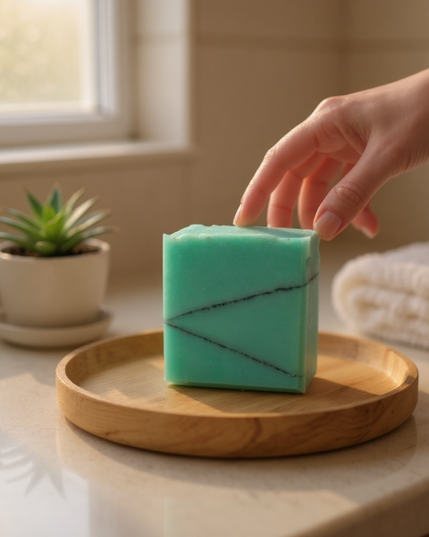 Santal 26 inspired Turquoise Soap Bar displayed on a wooden tray near a plant and towels