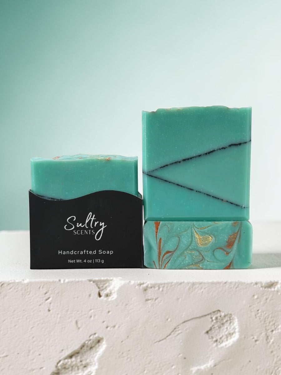Santal 26 inspired Turquoise Soap Bar with geometric pattern design by Sultry Scents