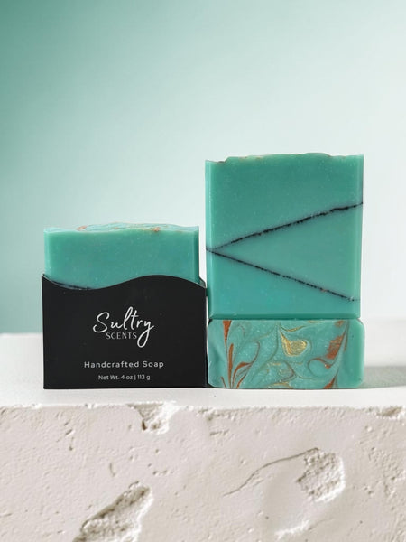 Santal 26 inspired Turquoise Soap Bar with geometric pattern design by Sultry Scents