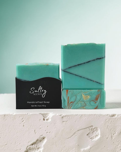 Santal 26 inspired Turquoise Soap Bar with geometric pattern design by Sultry Scents