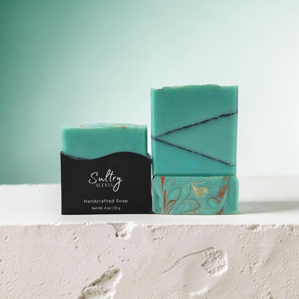 Santal 26 inspired Turquoise Soap Bar with geometric pattern design by Sultry Scents