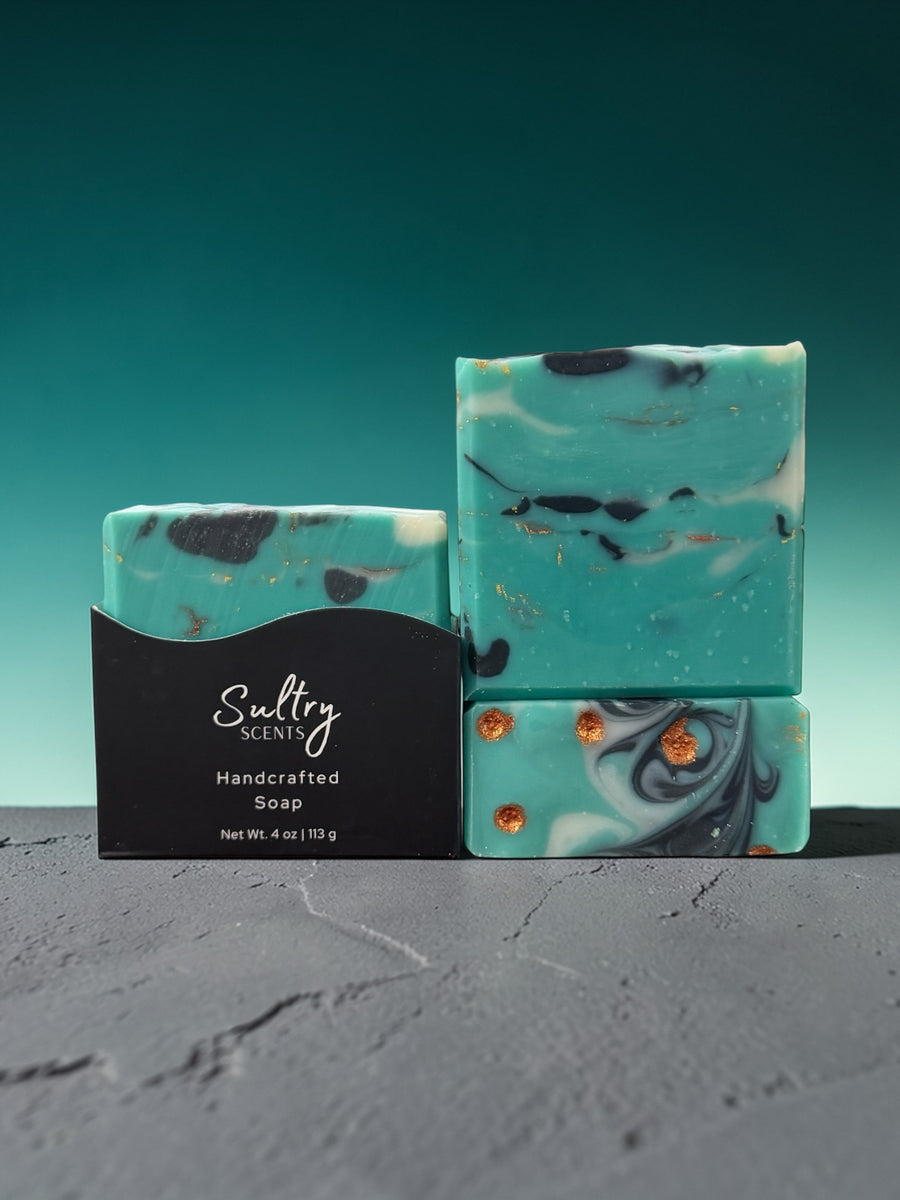 Santal 26 inspired Turquoise Soap Bar with marbled turquoise design and golden accents