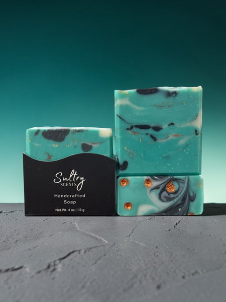 Santal 26 inspired Turquoise Soap Bar with marbled turquoise design and golden accents