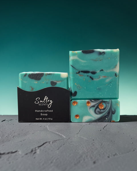 Santal 26 inspired Turquoise Soap Bar with marbled turquoise design and golden accents