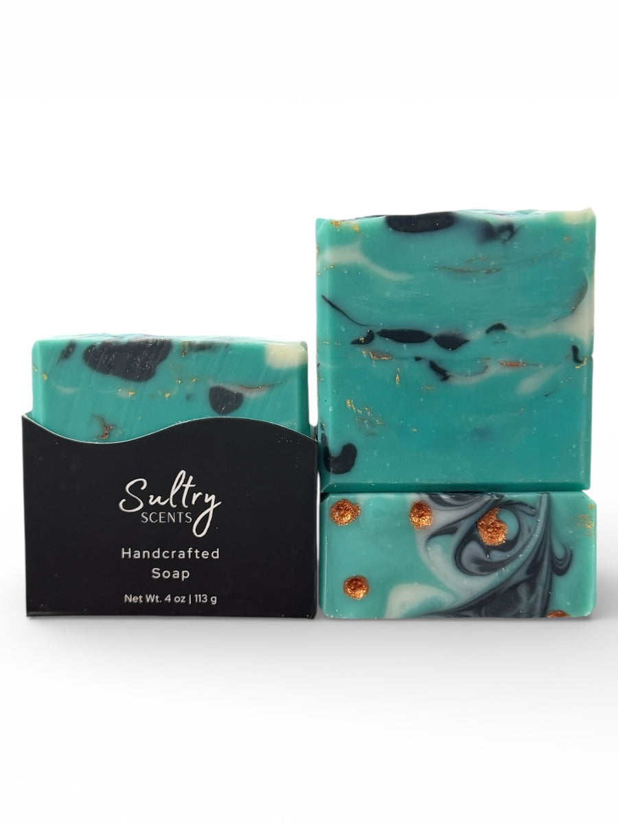 Santal 26 inspired Turquoise Soap Bar with a marbled teal design and gold accents for luxurious bathing