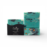 Santal 26 inspired Turquoise Soap Bar with a marbled teal design and gold accents for luxurious bathing