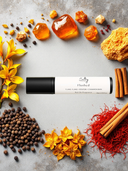 Santal Blush inspired roll on perfume by Sultry Scents surrounded by spices and floral elements