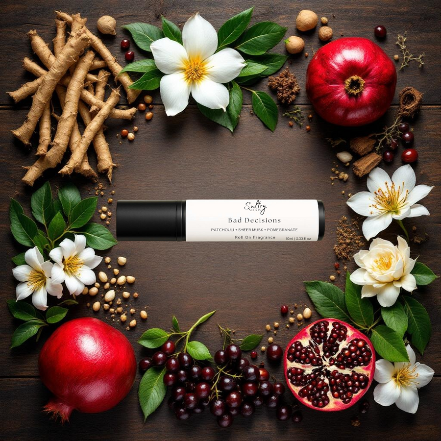 Sultry Scents roll on fragrance oil Bad Decisions surrounded by pomegranate flowers and roots patchouli musk pomegranate roll on