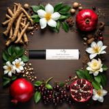Sultry Scents roll on fragrance oil Bad Decisions surrounded by pomegranate flowers and roots patchouli musk pomegranate roll on