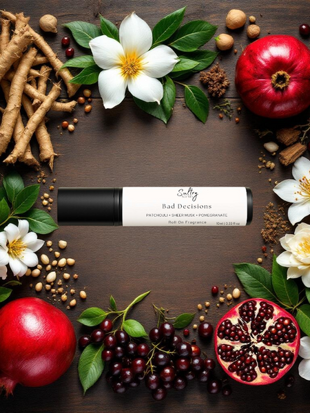 Sultry Scents roll on fragrance oil Bad Decisions surrounded by pomegranate flowers and roots patchouli musk pomegranate roll on
